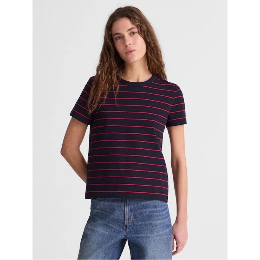 Madewell women’s The Perfect Crewneck Tee Jersey navy red stripe Size XXS NWT